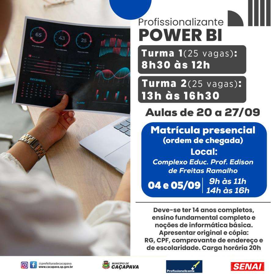 Complexo educacional abre inscrições para curso gratuito de Power BI em Caçapava