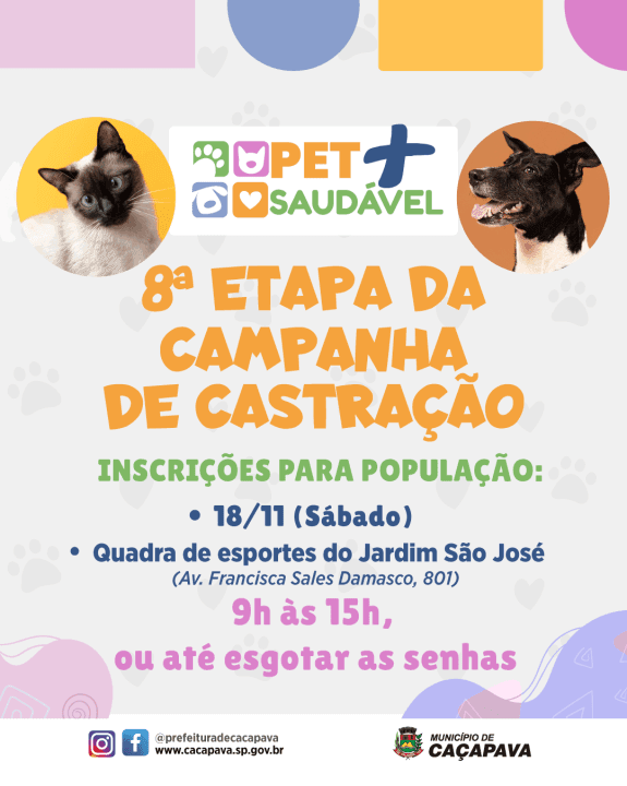 Programa de Castração PET + Saudável abre inscrições para a população no sábado (18) em Caçapava