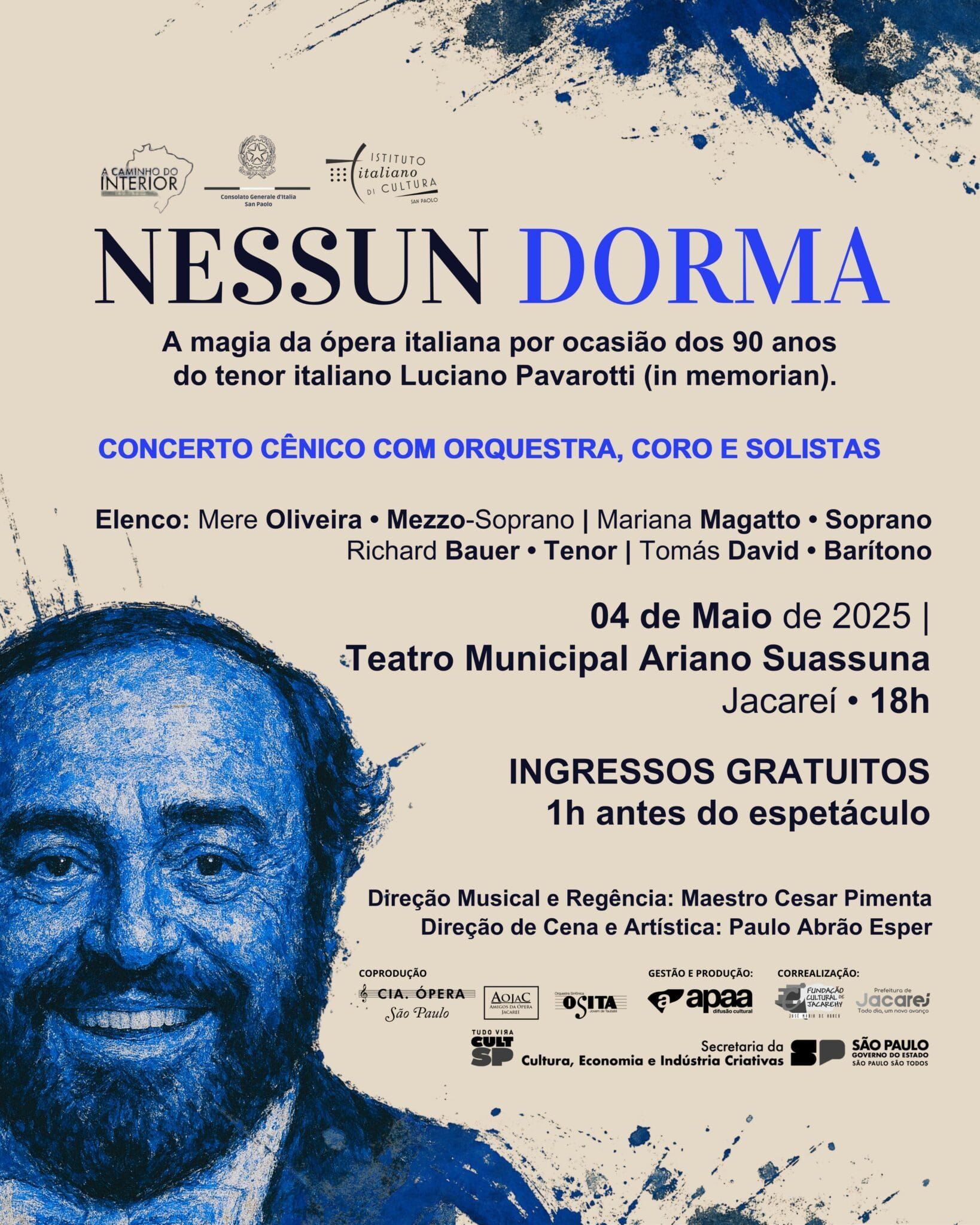 Jacareí recebe espetáculo “Nessun Dorma” com clássicos da ópera italiana neste domingo