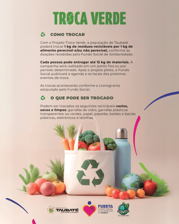 Projeto Troca Verde incentiva reciclagem com troca de resíduos por alimentos em Taubaté