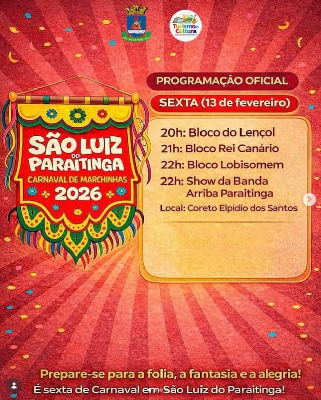 São Luiz do Paraitinga divulga programação do Carnaval 2026 com cinco dias de blocos e shows