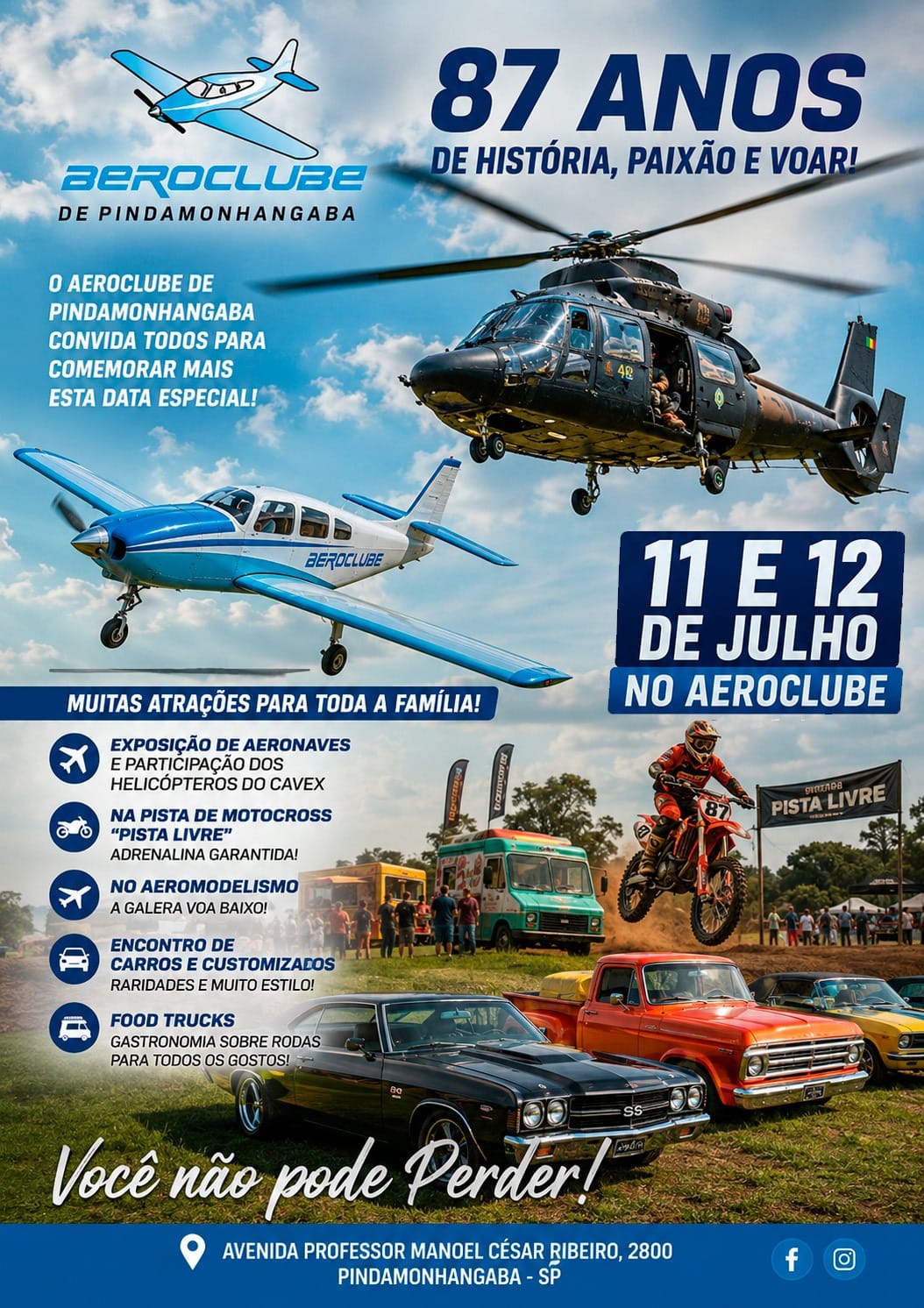 Aeroclube de Pindamonhangaba celebra 87 anos com exposição de aeronaves, carros antigos e atrações gratuitas